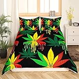 Marihuana-Grasblatt-Bettbezug mit Cannabisblättern, Bettwäsche-Set, bunt, Marihuana-Blatt-Deckenbezug für Männer und Erwachsene, Schlafzimmer, Dekoration, Bezug mit 1 Kissenbezug, Einzelbett