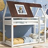 Moimhear Kinderbett 90x200cm, Hausbett, Etagenbett Mit Rechtwinkliger Leiter, Mit Fallschutz und Zäune, Rahmen aus Kiefernholz, Braunes Dach