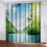 Blickdichte Gardinen 2Er Set 3D Blick Auf Den Grünen Waldsee Muster Verdunkelungsvorhang Mit Ösen Modern Thermo Vorhänge Für Schlafzimmer Wohnzimmer Kinderzimmer Küche Fensterdekoration 230X234cm