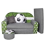 FORTISLINE Kindersofa Kindercouch Aufklappen Bettfunktion + Hocker W319 2 Viele Muster (Football)