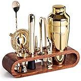 Mixology & Craft Cocktail Set (10-TLG.) - Edles Cocktail Shaker Set mit Shaker aus Edelstahl und Bar Zubehör im Holzständer aus Mahagoni - Dekoratives Geschenkset - Gold