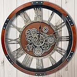 DORBOKER Real Moving Gears Wanduhr Große industrielle rustikale Bauernhaus-Uhren für Wohnzimmer Dekor Büro Zuhause Vintage Holz Uhr für Wanddekoration (schwarze Walnuss)