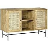 HOMCOM Küchenschrank, Sideboard mit 2 offenen Regalen, 2 Schränken, Aufbewahrungsschrank mit Rattanoptik, Kippschutz, für Esszimmer, Stahl, Natur, 120 x 38 x 76,2 cm
