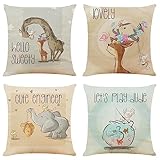Niedliche animal cartoon wasserdichte Kissenbezugen,4 Stück 35x35cm Dekorative Outdoor Kissen Wasserfest Atmungsaktiv Doppelseitige Leinen Kissenbezüge für Garten Bauernhaus Wohnzimmer Schlafzimmer