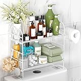 Over The Toiletten-Aufbewahrungsregal, 2-stöckiger Badezimmer-Organizer über der Toilette, zusammenklappbar, platzsparend, mit Toilettenpapierhalter und Haken (weiß)