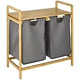 HOMCOM Wäschekorb Wäschebox mit 2 abnehmbaren Wäschesacke Wäschesammler mit Plattform Wäschesortierer für Badezimmer Bambus Grau+Natur 63,5 x 33 x 73 cm