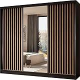 Moderner Kleiderschrank Schwebetürenschrank mit Spiegel und Holzlamellen 100 150 200 cm - Kleiderschrank für Schlafzimmer mit Schwebetüren - Kleiderstange - 240 cm - Schwarz / Artisan Lamellen
