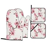 Cherry Blossom Isolierte Handschuhe und Pfannenmatte Set, 4er Set, wasserdichte rutschfeste Ofenhandschuhe und Pfannenmatten mit Taschen für Küche Kochen Grill