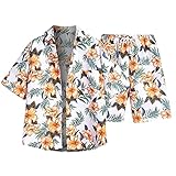 Xmiral Herren-Sets Casual Button Down 2-teiliger Anzug Blumenmuster bedrucktes Sommerhemd für den Urlaub Fitness Herren (b-Orange,b-Orange)