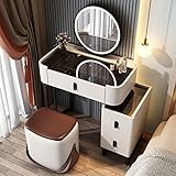 Schminktisch und Hocker-Set, modernes Make-up-Set mit 3 farbigen LED-Lichtern, Spiegel und 3 Schubladen, beweglicher Nachttisch, Schlafzimmer, Zimmer, Heimkosmetik, Kommode, Möbel, Geschenk (A, 70 cm)