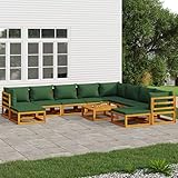 JUNZAI 11-TLG. Garten-Lounge-Set mit Grünen Kissen Massivholz, Gartenmöbel Set, Balkon Lounge, Garden Furniture, Loungegarnitur, Balkonset, Sitzlounge Garten, Lounge Möbel