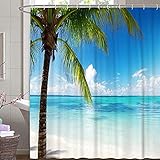 M&W DAS DESIGN Duschvorhang Meer küste tropisch Palmen Strand Textil Himmel Wolke Vorhang Schimmelresistent Ozean blau türkis grün Wellen Ferien Relax inkl. 12 C-Ringe Gewicht unten 180x200cm(BxH)