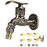 XTUDOU Wasserhahn Garten Antik, Messing Nostalgie Wasserhahn Garten, 1/2 Zoll Wandmontage Drache Geschnitzt Wasserhahn, mit Verbindungsstück Schlauchschelle