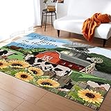 Bereich Teppiche Bauernhaus-Kuh-Sonnenblumen-Ländliche Rote Holzscheunenlandschaft Wohnzimmer Teppich Antibakterielle Fußmatte Rutschfester Matte Für Schlafzimmer Küche Wohnzimmer 120X160Cm