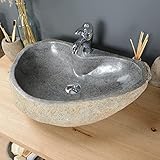 60 cm oval Naturstein Waschbecken grau mit Hahnloch von WOHNFREUDEN - Stein Aufsatzwaschbecken Naturstein Waschbecken Badezimmer Waschbecken Bad Handwaschbecken