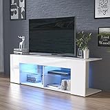 Cozy Castle TV Schrank in Hochglanz für Fernseher bis zu 65 Zoll, TV Lowboard mit LED Beleuchtung, Fernsehtisch für Wohnzimmer, Schlafzimmer, Weiß, 50x40x145cm