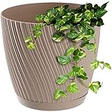 KADAX Blumentopf mit Untersetzer, Pflanzentopf in dreidimensionalen Wellenform, Pflanzkübel aus Kunststoff, Dekorativer Topf für Blumen, Kakteen und Kräuter (23 cm, Braun)