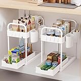 AIXPI Küchen Organizer,2 Etagen Unter Waschbecken Regal mit Haken und Tasse, Mehrzweck Gewürzregal Spülschrank Organizer Putzmittel Organizer für Badezimmer Küche,2er-Pack (Weiß)