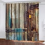 ZWEBY Vorhänge Blickdicht Gardinen Mit Ösen Verdunkelungsvorhang Thermovorhang für Kinderzimmer Wohnzimmer Fensterdekoration 3D Vintage Blaue Holztür Muster Ösenschal H 160 X B 140 cm 2Er Set