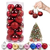 Weihnachtskugeln Baumschmuck, Glas Christbaumkugeln 24 Stück Dekokugeln Weihnachten, Matt Glänzend Glitzernd Dekokugeln für Party, Weihnachten Hochzeitsfest, Weihnachtsschmuck (rot)
