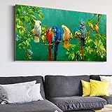 Bunter Papagei, Leinwandgemälde, Wandkunst, Vögel auf Zweigen, Ölgemälde, Drucke auf Leinwand, Poster, Tierbild, Heimdekoration, 70 x 140 cm, mit Rahmen