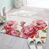 Badteppich für Badezimmer Schlafzimmer, rosa Blumen-Badematten, Plüsch-Teppiche, rutschfeste Fußmatten, saugfähig, Badezimmermatte für Inneneingang, 40,6 x 61 cm, Pfingstrose, rustikale Malerei