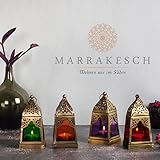 Orientalische Laternen 4 Set Laterne Basil bunt 16cm | Orientalisches Windlicht aus Metall & Glas in 4 Farben | Marokkanische Glaslaterne für draußen als Gartenlaterne in Orange - Blau - Lila - Grün