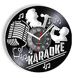 ICECHEN 30,5 cm Vinyl Wanduhr Karaoke-Wanduhr Aus Echter Vinyl-Schallplatte, Singender Junge Und Mädchen, Mikrofon, Musiknoten-Symbol, Wanduhr, Geschnitztes Kunstwerk