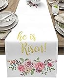 Tischläufer mit Osterblumen, Frühling, 33 x 178 cm, Golden He is Risen, blühende Blume, Bauernhaus, Kommode, Schals, Tischdekoration für Küche, Esszimmer, Couchtisch