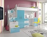 Hochbett mit Schreibtisch TOMI 4S Hochglanz Jugendzimmer Komplet - Bett Schrank Schreibtisch Treppen Bett mit Rahmen (Weiß/Türkis)