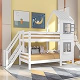 Vanplas Etagenbett mit Handlauf und Fenster, Hausbett, Kinderbett mit Fallschutz und Gitter, Rahmen aus Kiefer, weiß (90x200cm)