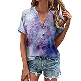 Sportshirt Damen Hemdbluse Damen Kurzarm Tshirt Kleid Damen Einfarbig Blusen T-Shirt Damen Kapuzenpullover T-Shirt Spitzen Oberteil Weiß Boehmische Spitze Bluse（2-Purple,XL）