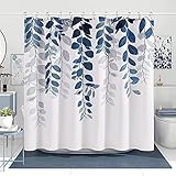 Duschvorhang mit blauen Pflanzenblättern, abstrakt, wasserdicht, Polyester, bedruckt, Badezimmertrennwand, dekorativer Vorhang, extra lang, mit 12 Haken, 150 x 180 cm (59 x 71 Zoll), Duschvorhang