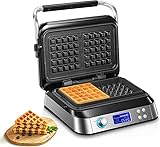 Waffeleisen 1600 W, Doppelwaffeleisen für Belgische Waffeln, 5 Programme, 7 Bräunungsstufen, LCD Display, Countdown Timer, Überlaufrille, Extra Tiefe Heizplatten