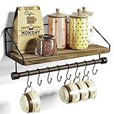 Alsonerbay Wandregal Wandmontage Schweberegal mit 8 abnehmbaren Haken und Handtuchhalter Wandboard Holz für Küche Wohnzimmer Badezimmer, Braun