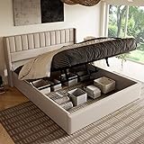 ZYLOYAL10 Stauraumbett Polsterbett Hydraulisch Doppelbett Lattenrost aus Holz, Bett mit Lattenrost aus Metallrahmen, Leinen (Beige, 160x200cm)