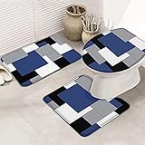 3 Teiliges Badteppich Set Marineblau Und Schwarz, Moderner Farbblock, Geometrisch, Grau, Weiß, Patchwork-Plaid Waschbar Kontur Badteppich Langlebige Toilettensitzbezug Badvorleger