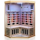 Dewello Infrarotkabine Infrarotsauna Brandon 120cm x 120cm Dual-Therm für 1-2 Personen aus Hemlock Holz mit Vollspektrumstrahler, Bodenstrahler, LED-Farblicht, Bluetooth, FM,MP3,USB