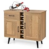 Giantex Sideboard mit Weinregal für 6 Flaschen, Barschrank mit 2 Türen und 1 Schublade, Aufbewahrungsschrank mit verstellbaren Einlegeböden für Wohnzimmer, Esszimmer, 90 x 40 x 79 cm, Natur