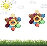 2 Stück Sonnenblumen Windmühlen,Windrad Blume,Bunte Windmühle,Deko Sonnenblume,dekorativer Blumenstecker,Sonnenblume Rasen Windräder,Wind Spinner für Rasen Gartenparty Hof