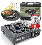 Kitchen Pro+ Camping Gaskocher für Kartuschen Campingkocher 1-flammig schwarz mit Koffer und Herdkreuz | Outdoor Gasgrill für gaskartuschen 227g (Gaskocher + 8 Kartuschen + Grillplatte)