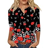 DIYIOUZHOU T Shirt Mädchen Hawaii Sommer Blusentops Weich 3/4 Ärmel Große Größen Party Bedrucke Tshirt Frau Knopfleiste Baumwoll Boxy V Ausschnitt Rot