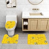 rutschfeste 3 Badteppich Set Cartoon Honigbiene, Gelb Bedruckt Badezimmer Teppiche Set 3 Stück Waschbar Anti-Rutsch Badgarnitur Badematten, Für Badezimmer, Wc-Sitz Bezug