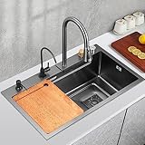 Edelstahlspüle, Drop-in-Einzelbecken-Edelstahl-Wasserfall-Küchenspüle mit herunterziehbarem Sprühkopfhahn, für Hotel Restaurant Workstation Bar Sink (Color : Gris, Size : 75 * 35 * 20cm)