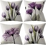 TIDWIACE Deko Kissenbezug 40 x 40 cm 4er Set Violette Blume, Kissenhülle Dekokissen Natur Sofakissen Leinen Kissenbezüge Luxus Decor für Sofa Wohnzimmer Zierkissen