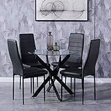 GOLDFAN Esstisch mit 4 Stühlen Esstisch Rund Glas Moderner Küchentisch Esszimmerstuhl aus Leder Küchenstuhl, Schwarz