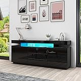 Senvoziii Schwarz Sideboard Schrank Matt Body & Hochglanz TV Lowboard LED Beleuchtung Kommode mit 2 Türen 3 Schubladen 160cm für Wohnzimmer Esszimmer