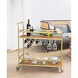 RiteSune Goldfarbener Küchenwagen, Home Bar Servierwagen mit Weinregal, 2 Etagen Weinwagen mit abschließbaren Rollen für Küche, Wohnzimmer