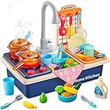 Küchenspüle Spielzeug Set mit Warmwasserhahn Farbwechsel Geschirr-Kochgeschirr Topf und Pfanne, Play Food, Farbwechsel Geschirr Zubehör für Jungen Mädchen Kleinkinder