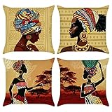 Bonhause 4er Set Kissenbezüge Afrikanische Frauen 45 x 45 cm Ethnisch Stammes Polyester Leinen Dekorative Kissenhülle Zierkissenbezüge für Sofa Schlafzimmer Wohnzimmer Auto Zuhause Dekoration